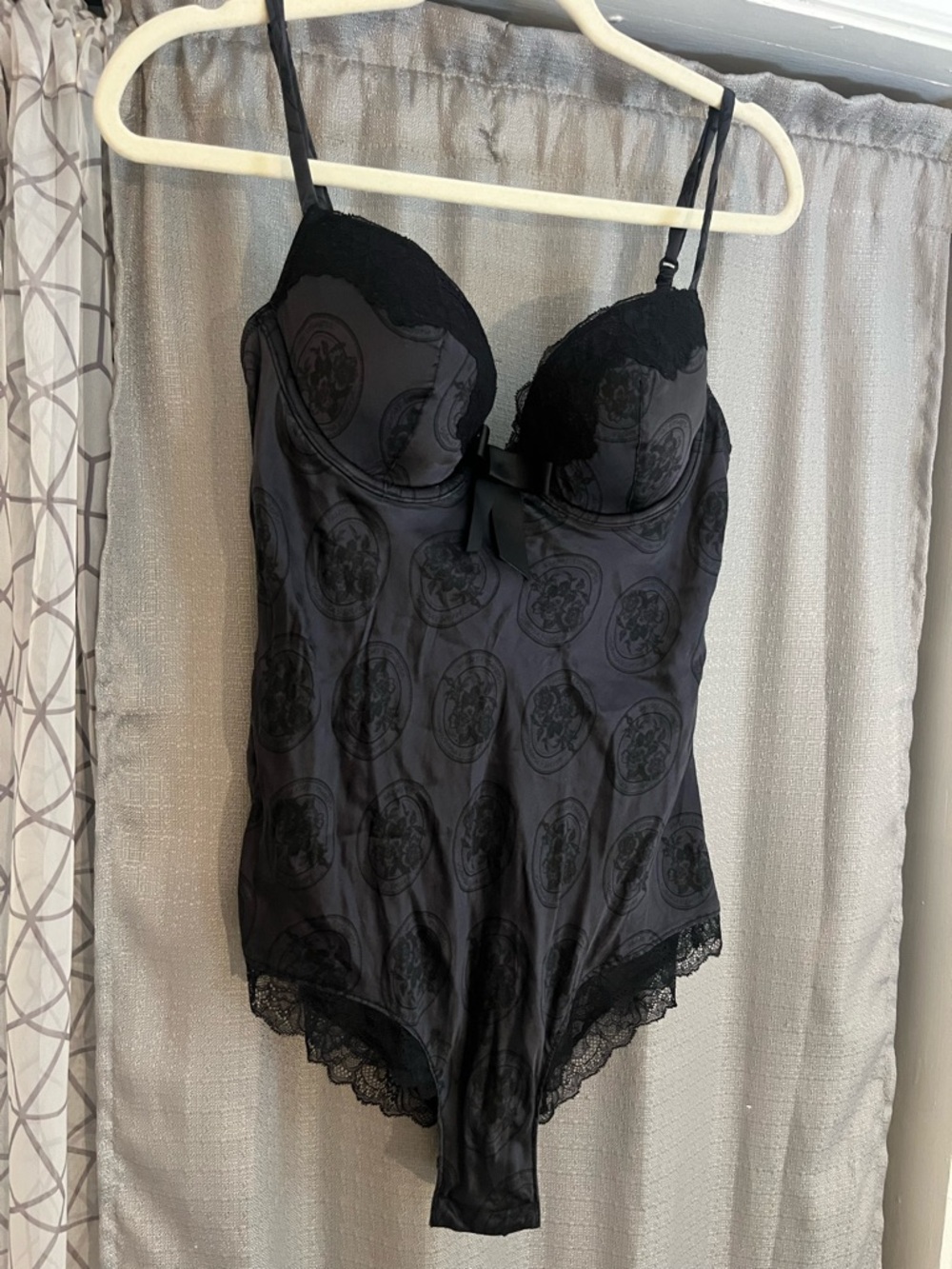 Victorias Secret 36C Silk Black Lace Trim Bodysuit Teddy Lingerie